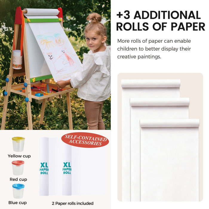 Tiny Land INC 3-in-1 kids easel with paper roll, featuring a chalkboard and whiteboard for creative art activities.