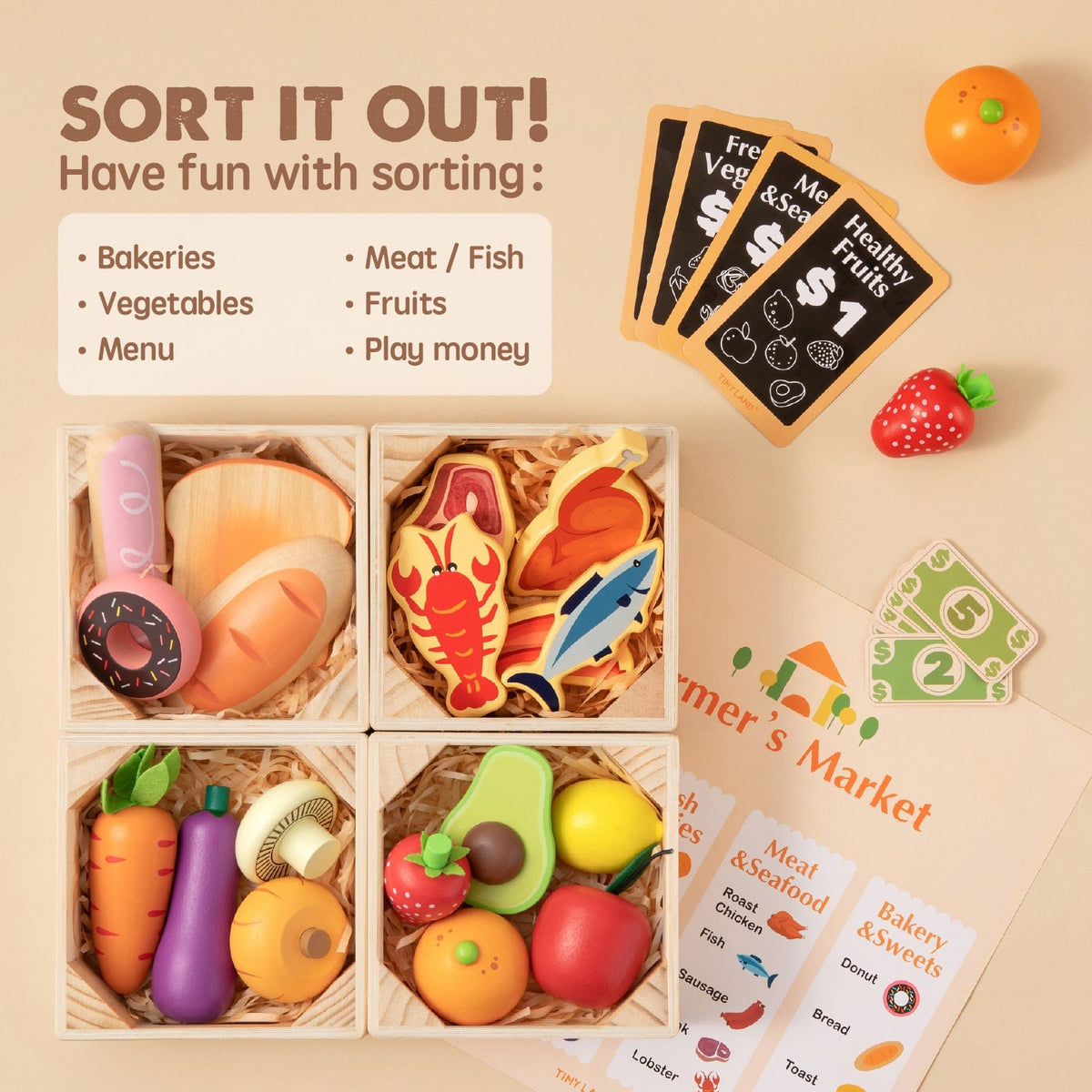 Tiny Land® Play Kitchen Accessories – Wooden Play Food for Play Kitchen: Pretend Cooking Set for Kids