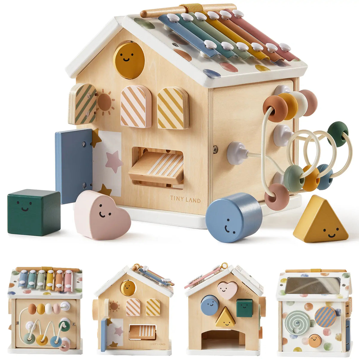 Tiny Land® Cottage Activity Cube in Morandi colors, featuring colorful shapes and interactive elements for children’s play and learning.