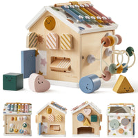 Tiny Land® Cottage Activity Cube in Morandi colors, featuring colorful shapes and interactive elements for children’s play and learning.