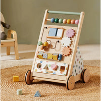 Tiny Land® natural wooden baby walker with four wheels, designed for early walking support and stability.