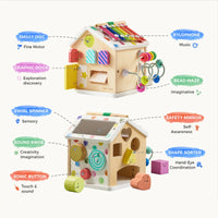 Tiny Land® Rainbow Cottage Activity Cube with colorful shapes, sliding beads, and interactive features for children.