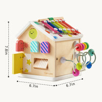 Tiny Land® Rainbow Cottage Activity Cube showing colorful wooden blocks, spinning gears, and sliding beads for toddler play and development.
