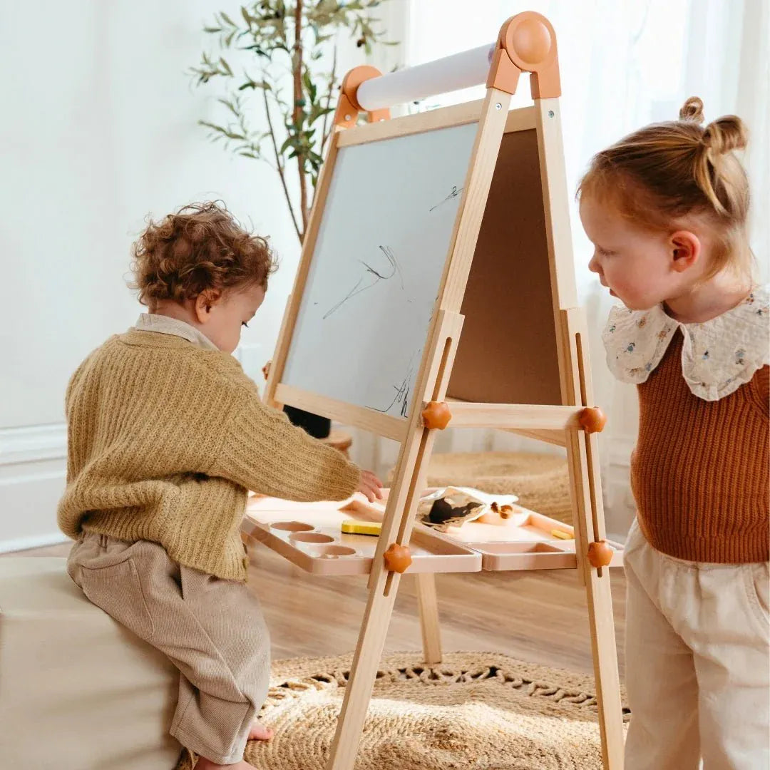 Tiny Land INC Caramel Magnitales Kids Easel with colorful surfaces and storage compartments, ideal for children's art and creativity.