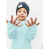 Organic Benji Hoodie Aqua by Be Mi Los Angeles, a cozy sweatshirt in vibrant aqua, displayed on a clean background.