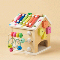 Tiny Land® Cottage Activity Cube in rainbow colors featuring interactive toys and shapes for toddlers' play and learning.