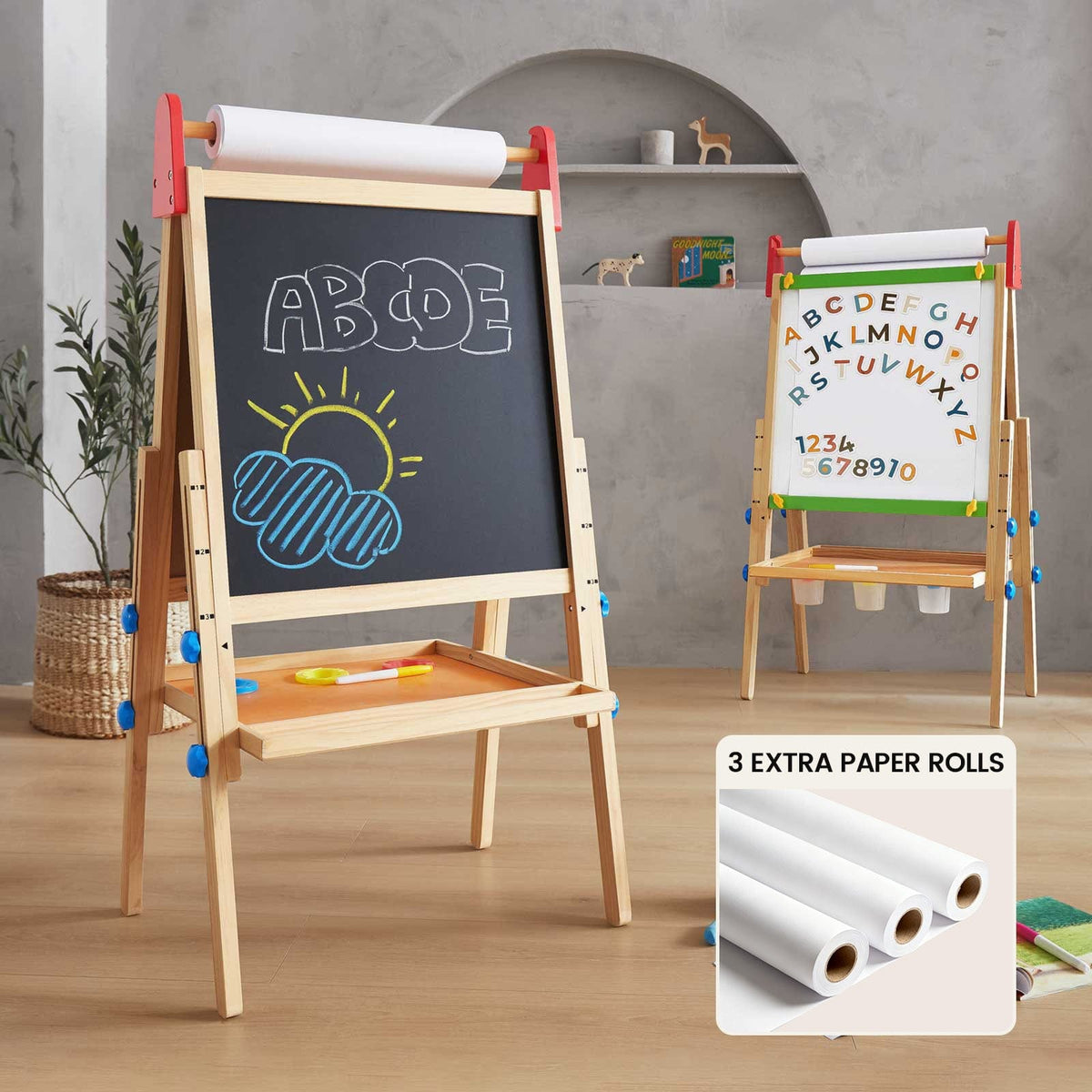 Tiny Land Kids Easel with 3-in-1 art board and paper roll, suitable for children’s drawing and painting activities.
