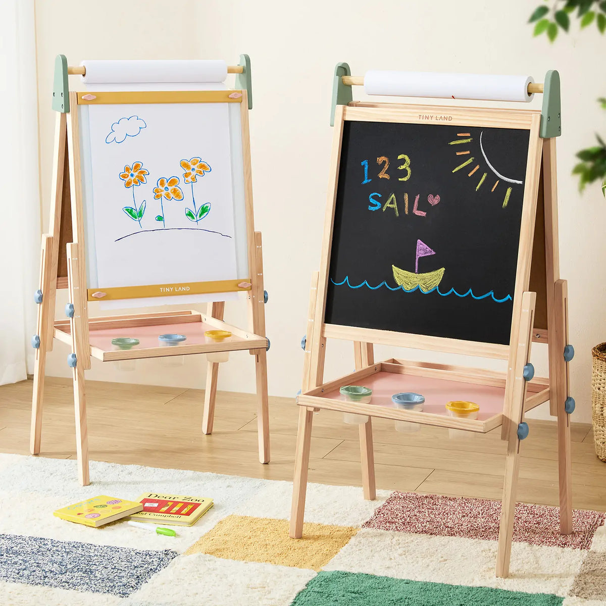 Tiny Land® 3-in-1 kids art easel with chalkboard, whiteboard, and paper holder for children’s creative play and drawing.