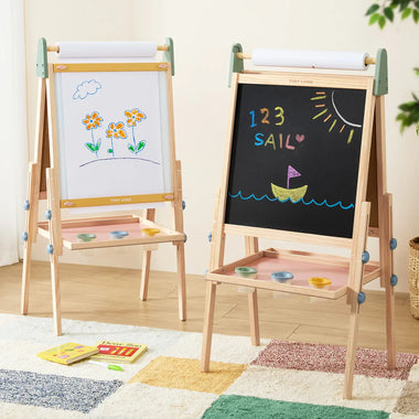 Tiny Land® 3-in-1 kids art easel with chalkboard, whiteboard, and paper holder for children’s creative play and drawing.