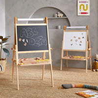 Tiny Land INC caramel-colored kids' easel with magnetic surface and chalkboard for creative drawing and learning activities.