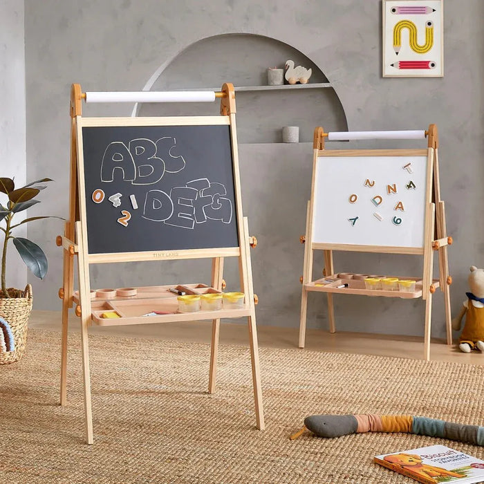 Tiny Land INC caramel-colored kids' easel with magnetic surface and chalkboard for creative drawing and learning activities.