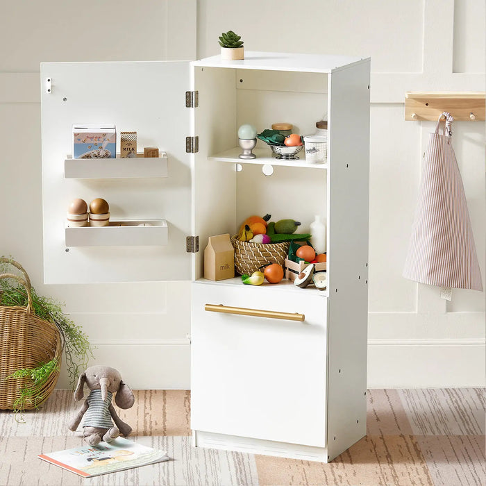 Wooden Tiny Land INC play kitchen fridge with cabinet door and realistic handles, ideal for kids' pretend play kitchen accessories.