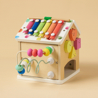 Tiny Land® Rainbow Cottage Activity Cube with colorful shapes, sliding beads, and interactive features for kids' play and learning.