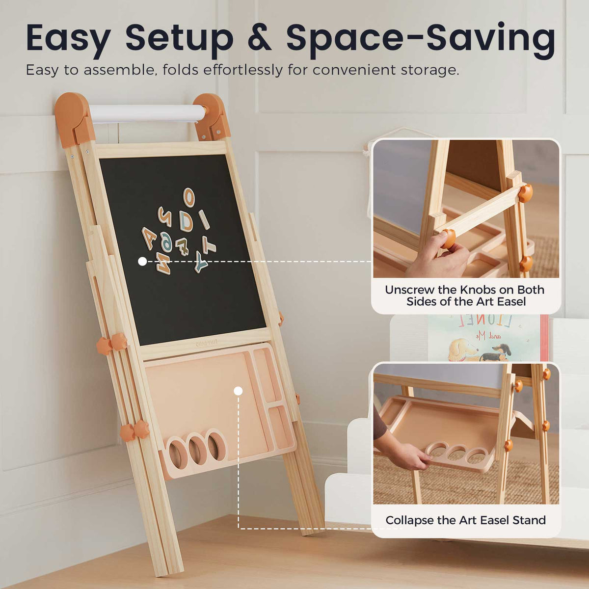 Tiny Land® Caramel Magnitales kids easel with colorful magnetic panels and chalkboard surface, designed for children's creative play.
