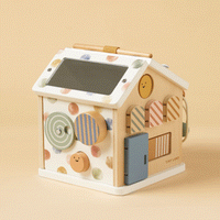 Tiny Land® Cottage Activity Cube in Morandi colors featuring interactive shapes, sliders, and spinning elements for early childhood development