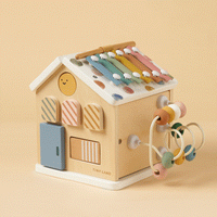 Tiny Land® Cottage Activity Cube featuring colorful Morandi tones, with interactive shapes and sliding elements for children's play.