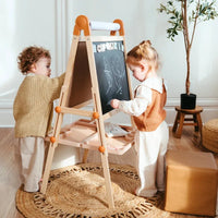 Tiny Land® Caramel Magnitales Kids Easel with colorful magnetic surfaces and adjustable height for creative play.