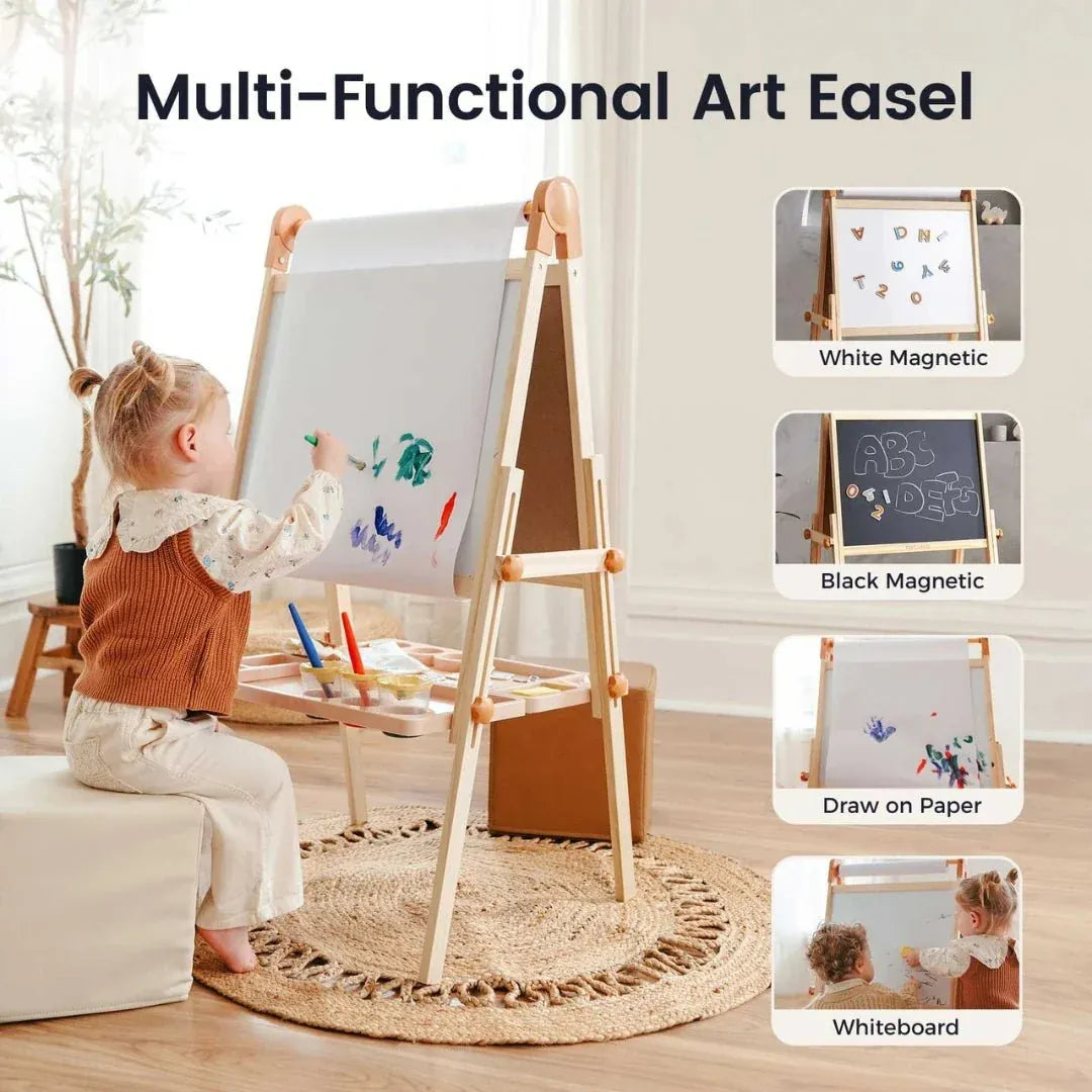Tiny Land INC caramel-colored kids easel with built-in chalkboard and paper roll for creative art activities.