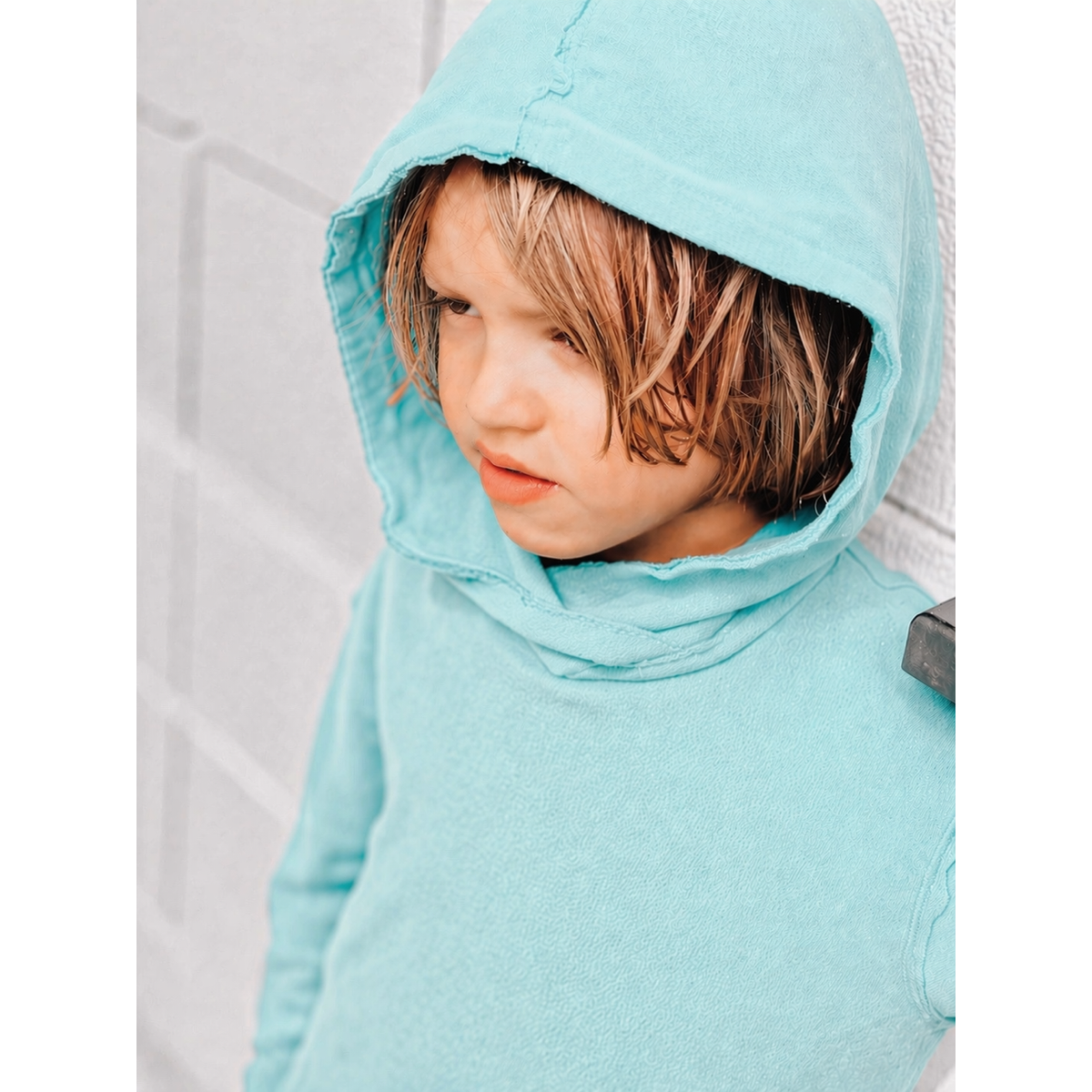 Organic Benji Hoodie Aqua sweatshirt by Be Mi Los Angeles, featuring a cozy fit and vibrant aqua color.