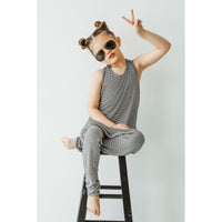 Be Mi Los Angeles striped romper with fine vertical lines, short sleeves, and a relaxed fit, perfect for casual summer wear.