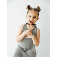 Be Mi Los Angeles romper with fine stripes, sleeveless design, and V-neck, perfect for casual summer wear.