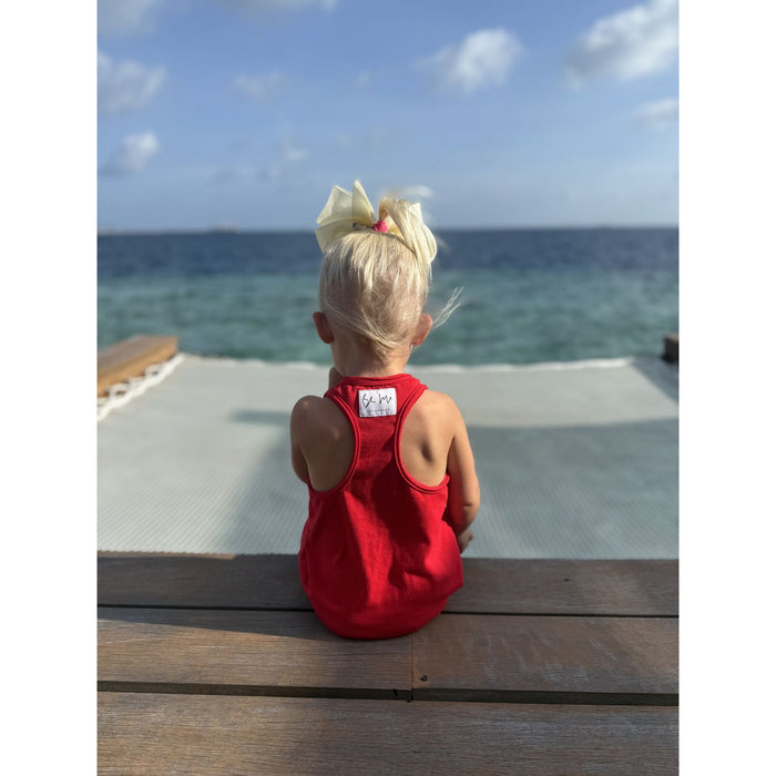 Be Mi Los Angeles Americana Romper in vibrant red, featuring a stylish sleeveless design and comfortable fit.