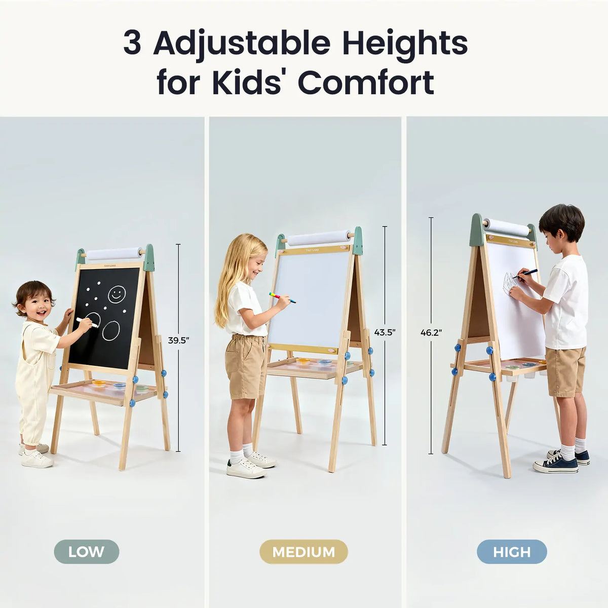 Tiny Land® 3-in-1 kids easel with chalkboard, whiteboard, and paper roll for creative art activities for children.