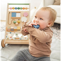 Tiny Land® natural wooden baby walker with four wheels and handles, designed for infants learning to walk.