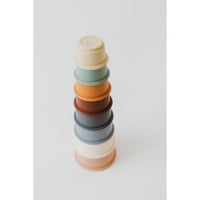 Colorful silicone stacking toy by ShopMyLittleSongbird featuring multiple cups for stacking and sensory play.