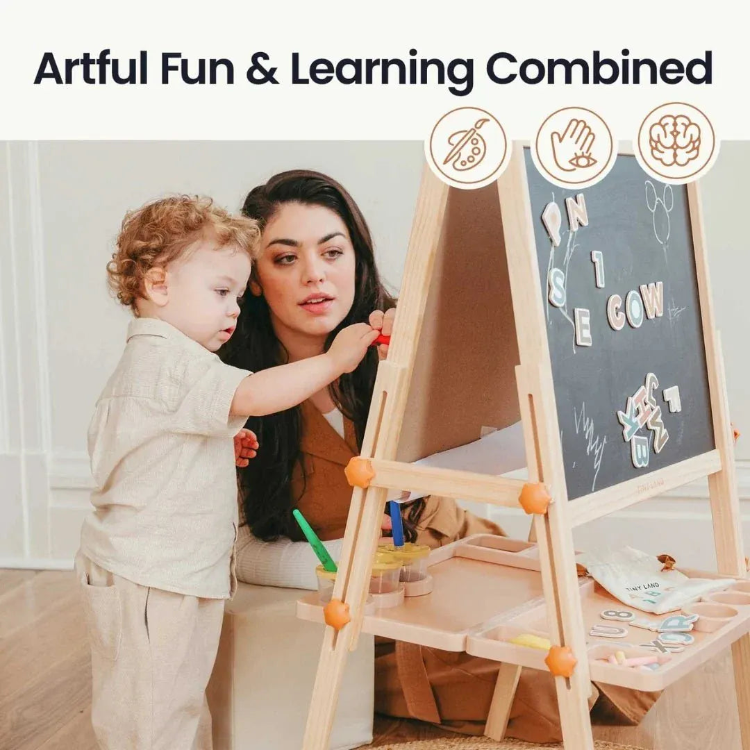 Tiny Land® Caramel Magnitales Kids Easel with colorful drawing surfaces and storage compartments for children’s art activities.