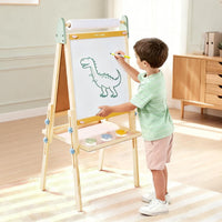Tiny Land® 3-in-1 Kids Easel showing a colorful art surface, chalkboard, and paper holder for creative children's artwork.