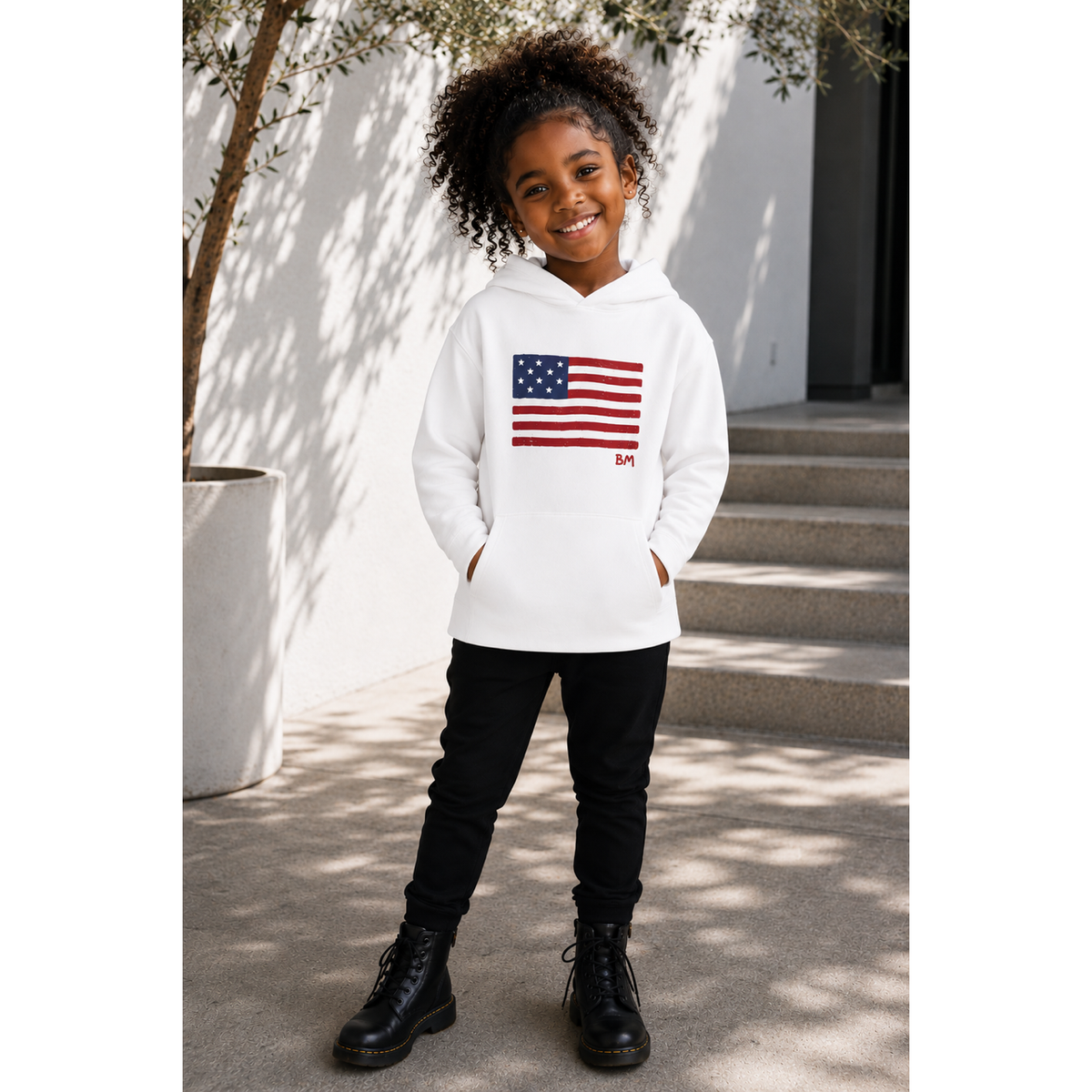 White Organic Benji Flag Hoodie sweatshirt by Be Mi Los Angeles featuring a Benji flag design on the front.