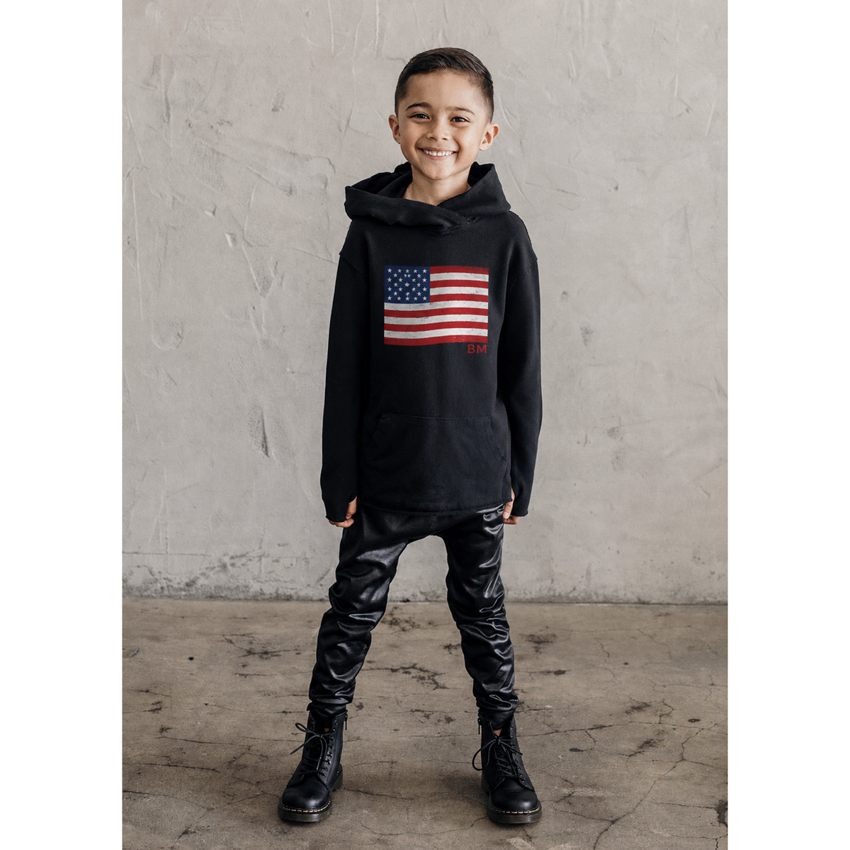 Black organic Benji Flag hoodie sweatshirt by Be Mi Los Angeles with a front graphic design and comfortable fit.