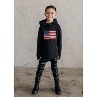 Black organic Benji Flag hoodie sweatshirt by Be Mi Los Angeles with a front graphic design and comfortable fit.