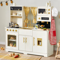 Tiny Land® wooden play kitchen in cream color with pretend stove, oven, and accessories for kids' imaginative cooking play.