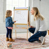 Tiny Land INC 3-in-1 kids easel with chalkboard, whiteboard, and paperholder for creative drawing and painting activities.
