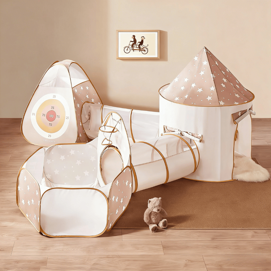 Tiny Land® Discovery 5-in-1 Play Tunnel with no balls, colorful fabric, and mesh sides for kids' active indoor play.