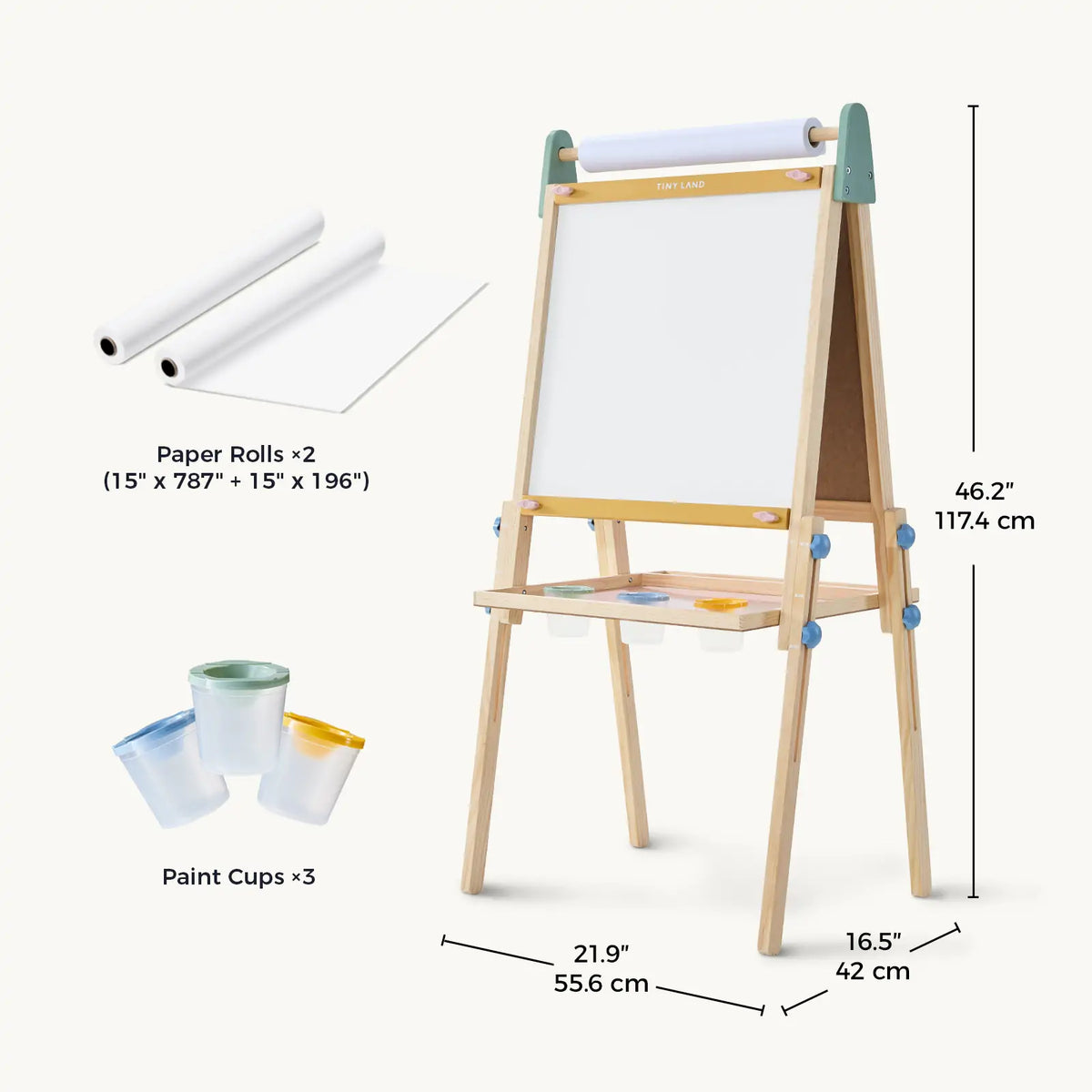 Tiny Land® 3-in-1 kids easel with chalkboard, whiteboard, and paper holder, designed for creative children’s art and learning activities.
