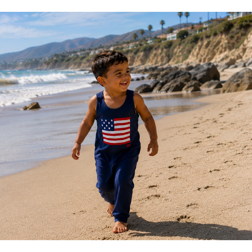 Be Mi Los Angeles Americana Romper in navy, stylish one-piece romper with sleeveless design and relaxed fit for casual wear.