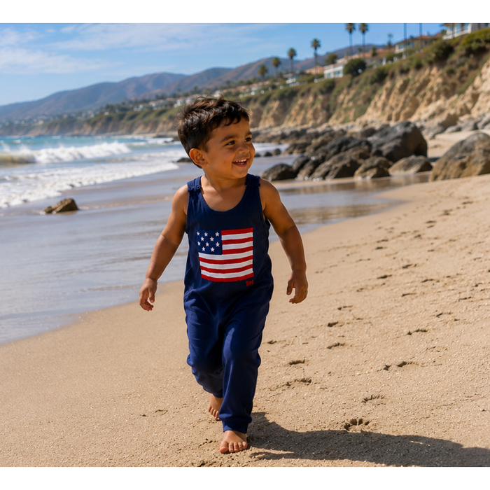 Be Mi Los Angeles Americana Romper in navy, stylish one-piece romper with sleeveless design and relaxed fit for casual wear.