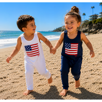Navy Americana romper by Be Mi Los Angeles featuring a stylish, casual design perfect for warm weather, with sleeveless straps.