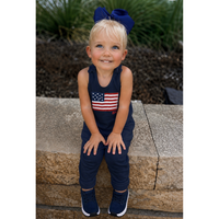 Navy Americana romper by Be Mi Los Angeles featuring a casual, stylish design and comfortable fit, shown on a model.