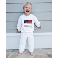 White organic cloud flag pullover sweatshirt by Be Mi Los Angeles, soft and comfortable casual wear for women.
