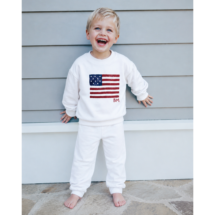 White organic cloud flag pullover sweatshirt by Be Mi Los Angeles, soft and comfortable casual wear for women.