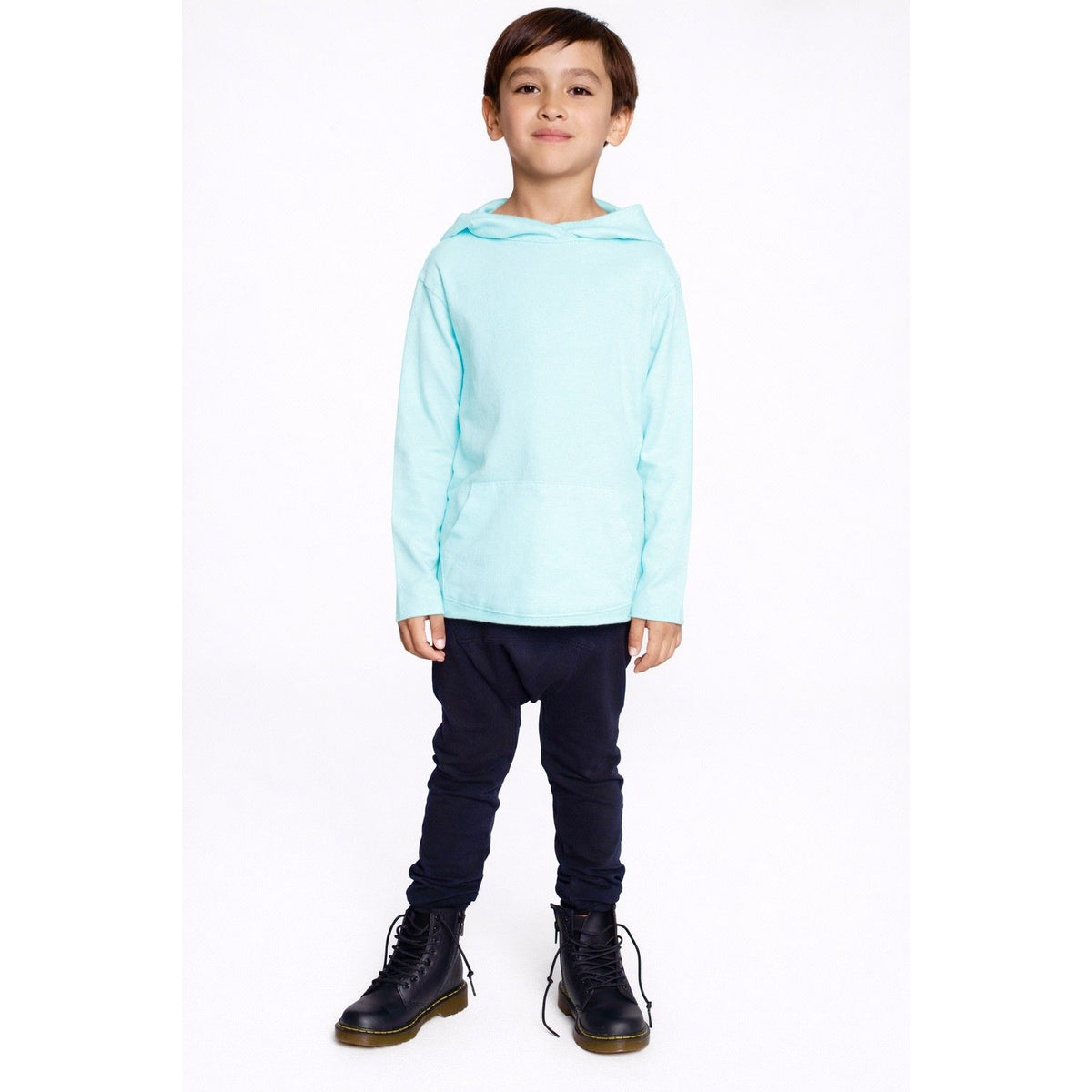 Organic Benji Hoodie Aqua by Be Mi Los Angeles, a cozy sweatshirt in vibrant aqua color with a comfortable fit.
