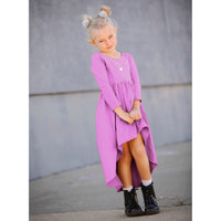 Purple organic Giselle dress by Be Mi Los Angeles featuring long sleeves and a flowing, elegant design.