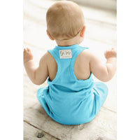Be Mi Los Angeles aqua romper displayed flat, showing its sleeveless design, lightweight fabric, and stylish casual fit.