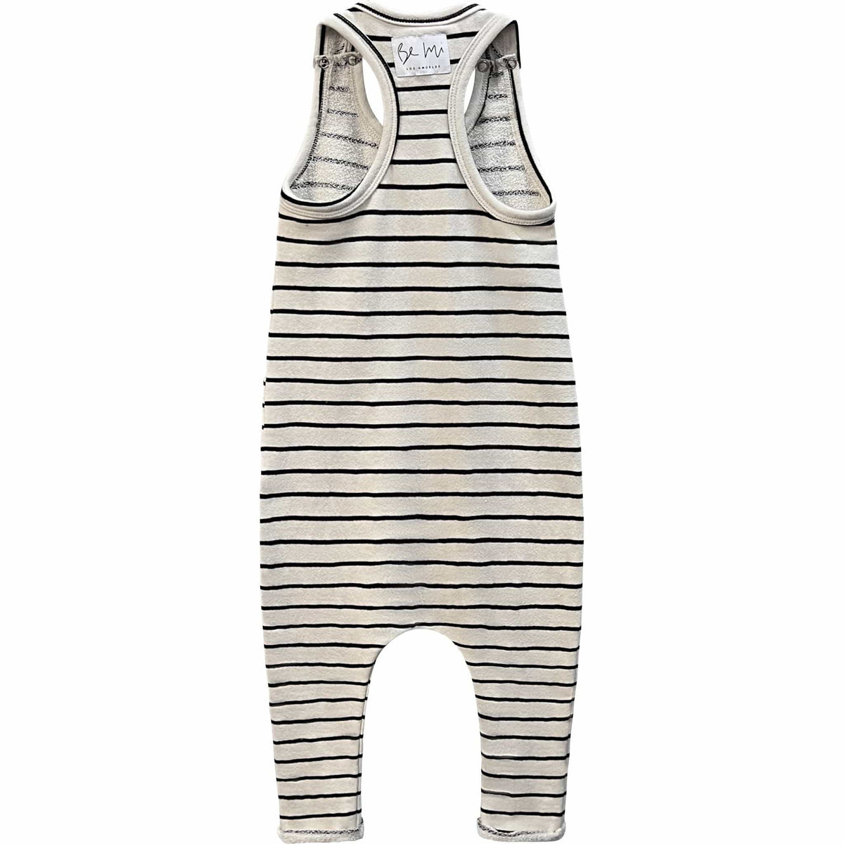 Be Mi Los Angeles striped romper in natural and black, featuring a stylish, casual design with long sleeves and a relaxed fit.