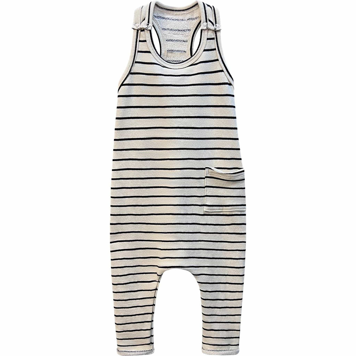 Be Mi Los Angeles striped romper in natural and black, featuring a stylish, fitted design with short sleeves and a V-neck.