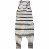Be Mi Los Angeles striped romper in natural and black, featuring a stylish, fitted design with short sleeves and a V-neck.